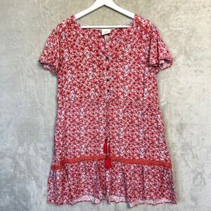 Knox Rose Womens XL Floral Short Sleeve Tiered Dress Tassel Tie Boho Cottagecore